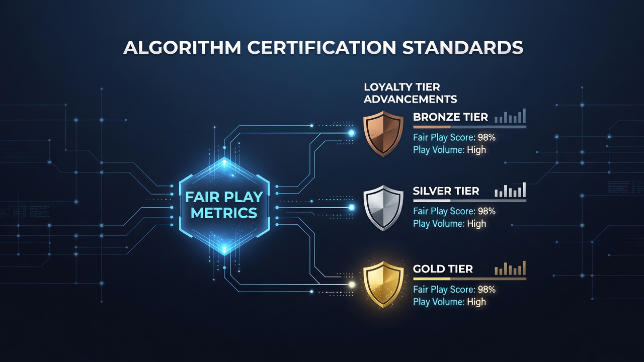 Mobile wagering interface displaying certified algorithm metrics alongside loyalty tier progression indicators