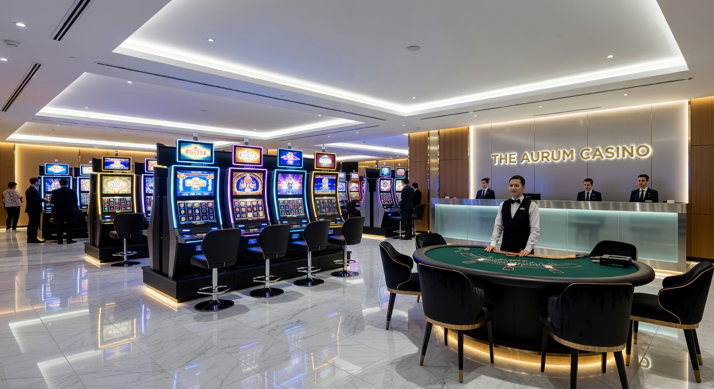 Interior view of a casino floor showing gaming tables and slot machines under bright lighting