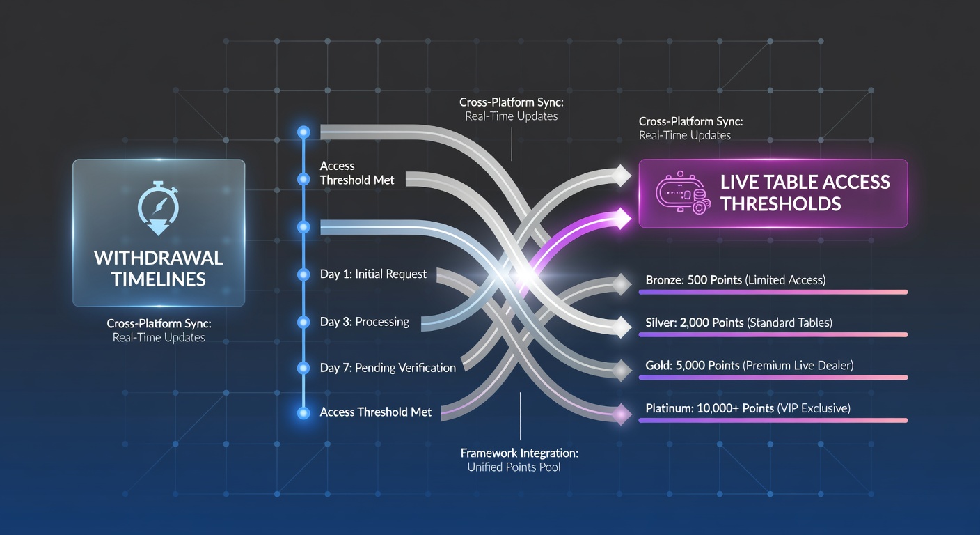 Cross-platform casino loyalty dashboard showing withdrawal processing stages and live table access indicators