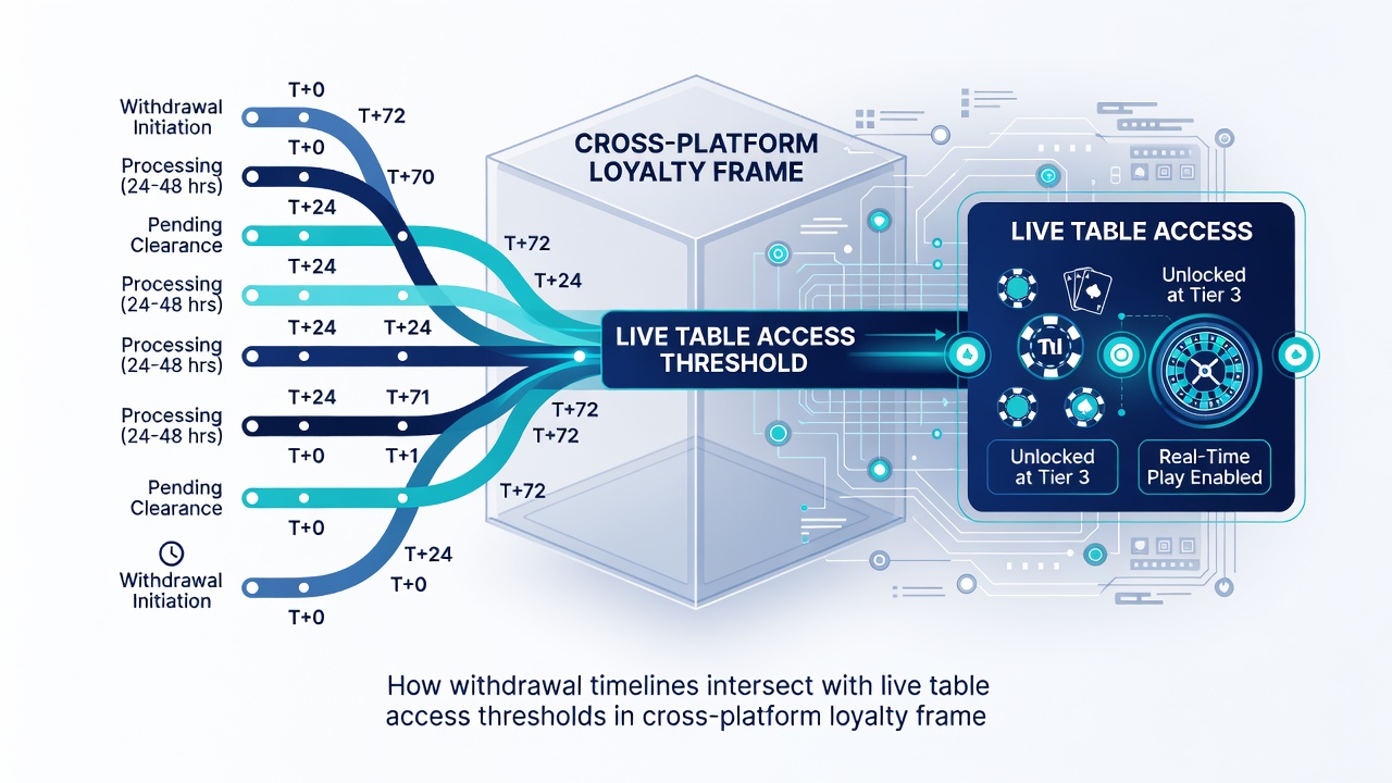 Timeline graphic illustrating withdrawal stages aligned with loyalty tier thresholds for live dealer access