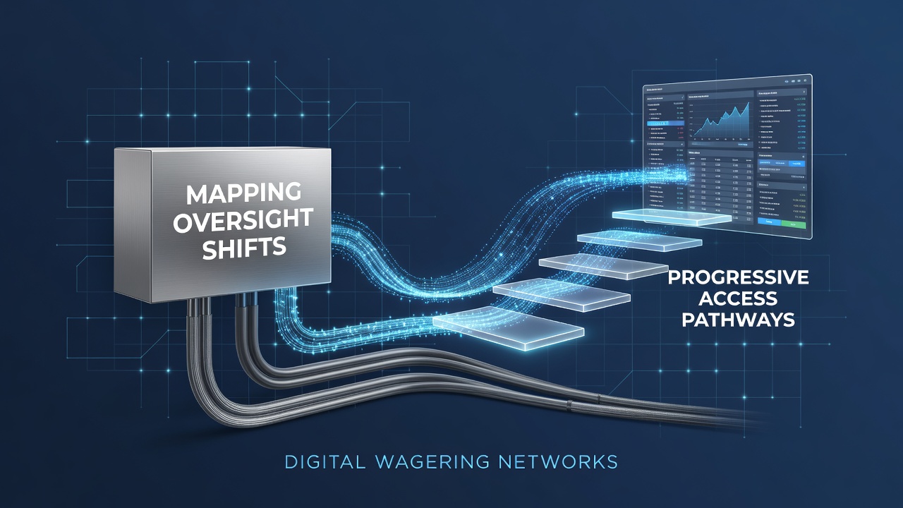 Digital wagering network diagram showing regulatory oversight layers connected to tiered player access pathways
