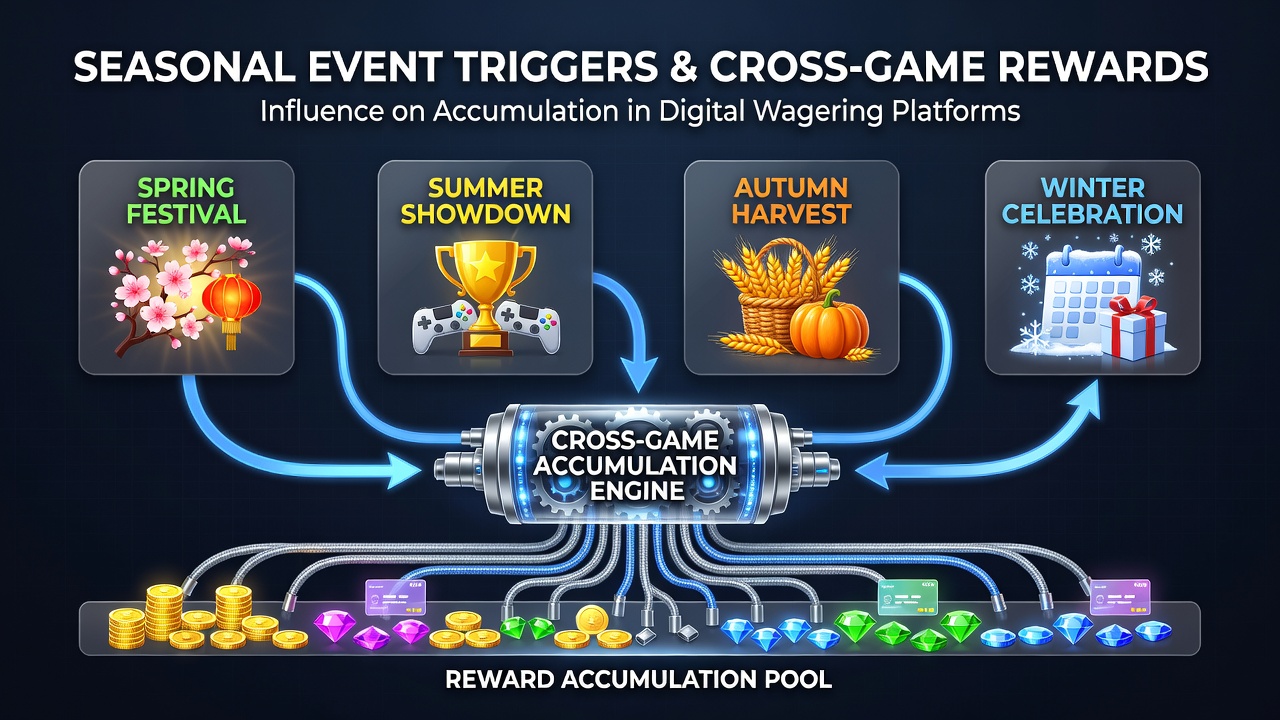 Digital wagering platform interface showing seasonal event promotions and reward tracking across multiple game types