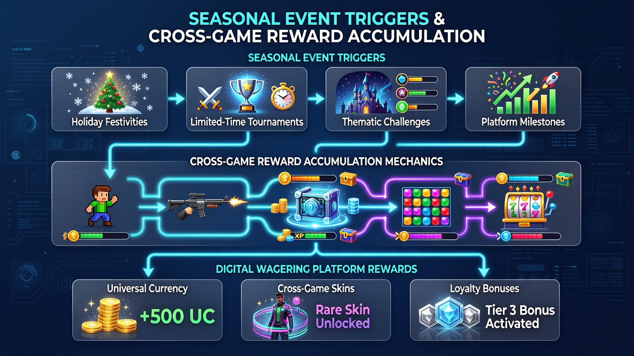 Analytics dashboard displaying cross-game reward flows and seasonal trigger impacts on player progression metrics